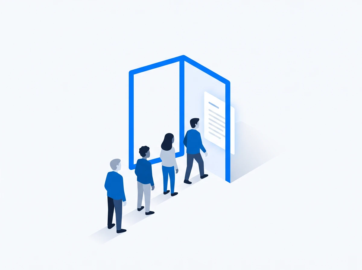 People stepping through an open doorway toward a transcript waiting on the other side