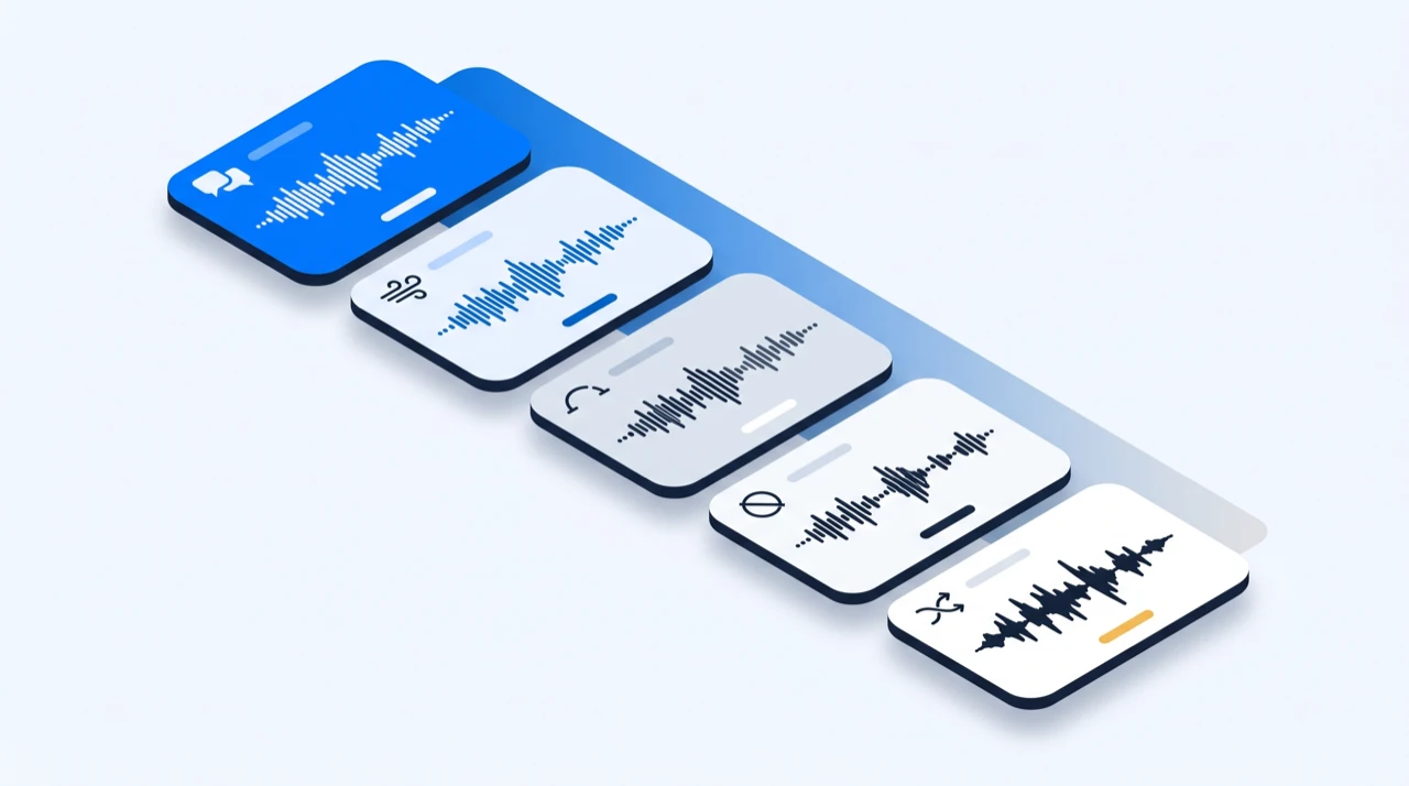 Five recording-condition tiles arranged along a downward slope, each showing a rougher soundwave than the last