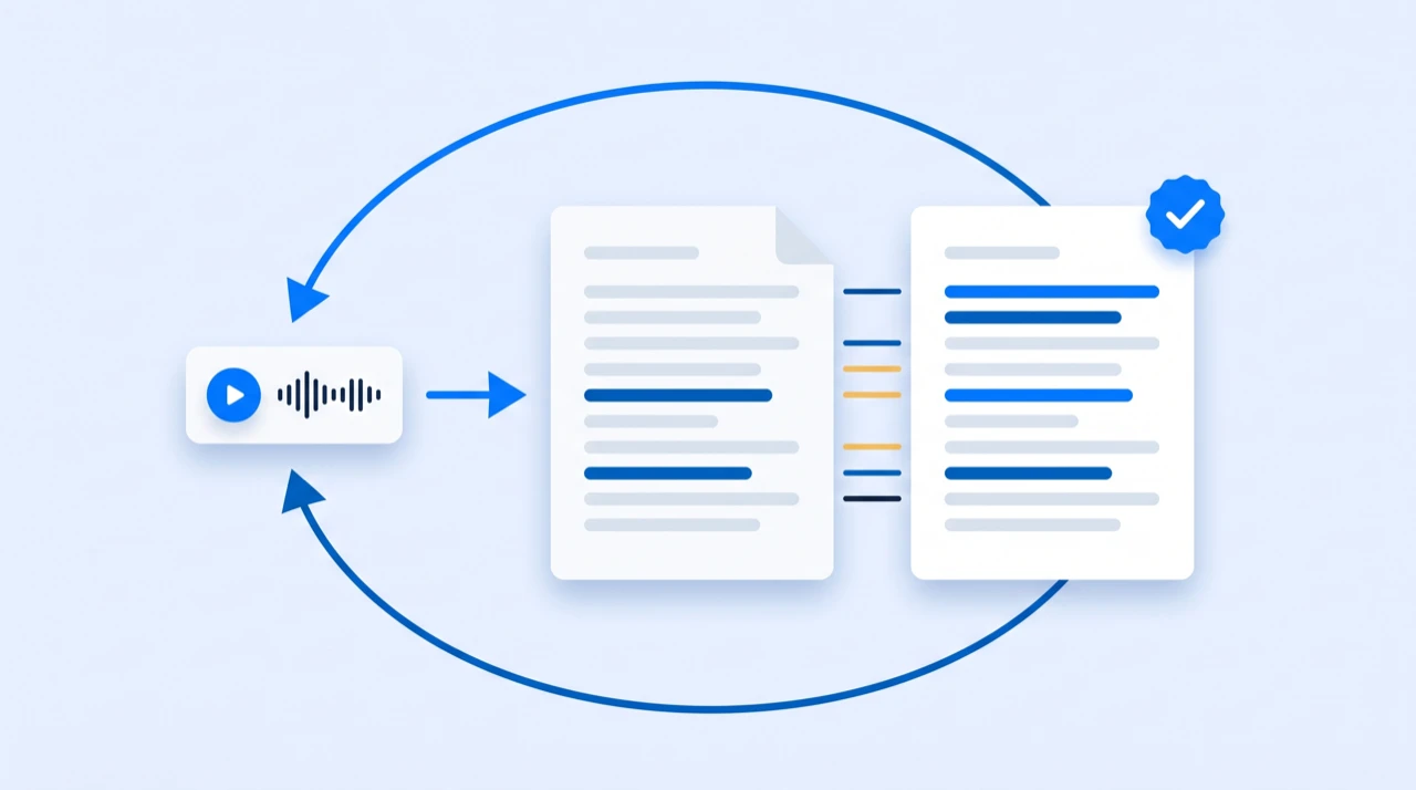 A short audio clip feeding a transcript that is compared side by side against a hand-checked reference
