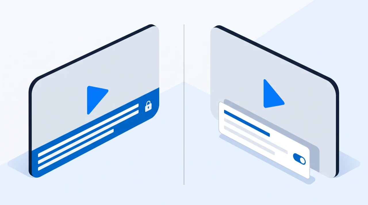 Two video frames side by side: one with the caption bar fused into the picture, one with it lifting away as a separate card