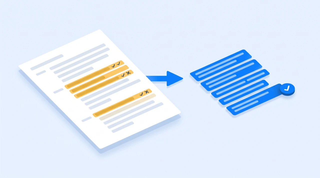 A transcript with several flagged lines being corrected before it turns into stacked caption bars