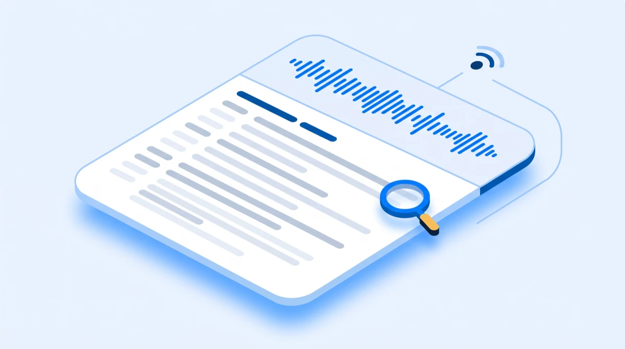 An episode page carrying its transcript, with a search glyph and a feed node reaching it