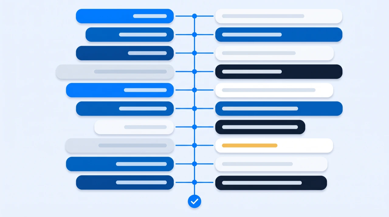 Two cue columns translated one block at a time, joined by a shared timing rail that never moves
