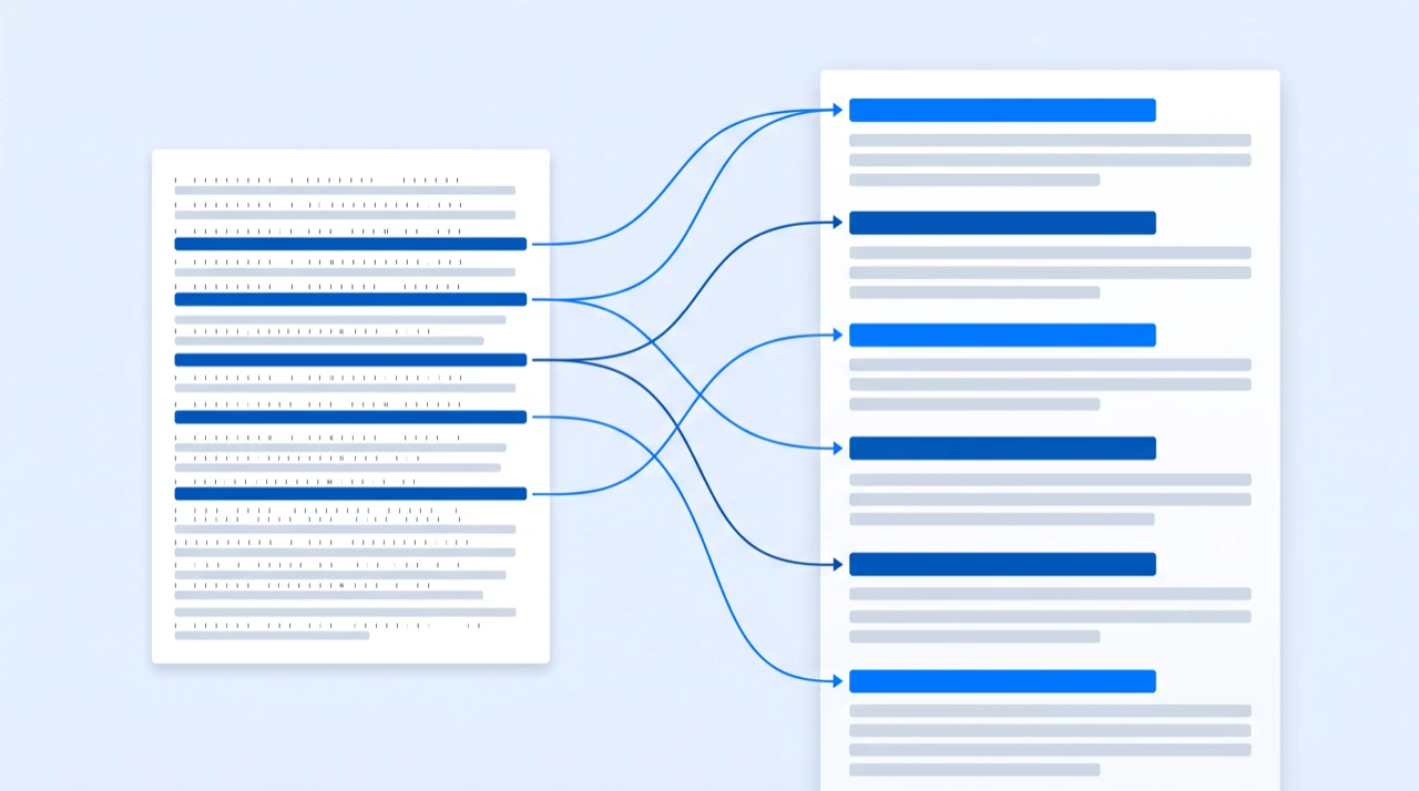 Highlighted lines lifted out of a transcript and reassembled as the sections of an article