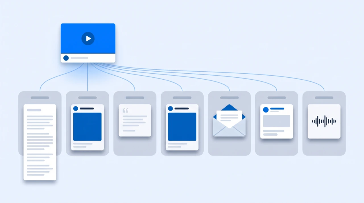 A row of seven day slots, each holding a different piece of content drawn from the same recording