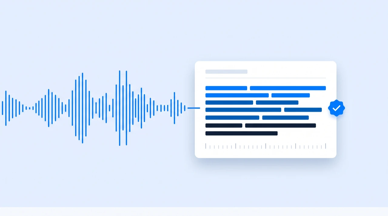 A soundwave turning into evenly aligned lines of text with an accuracy check at the end