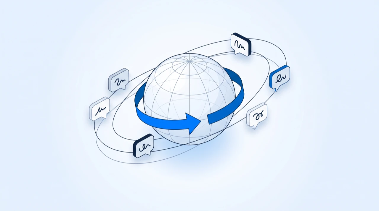 A globe circled by speech cards, one for each language a transcript can be read in