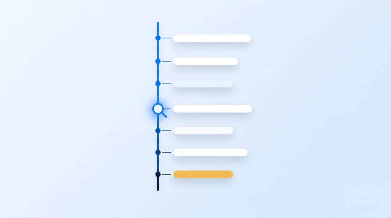 A transcript timeline with one timestamp enlarged under a magnifier