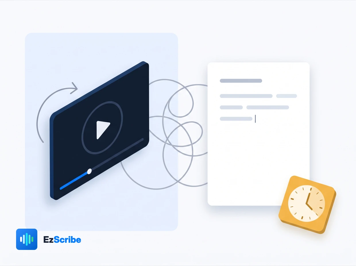 A paused video player beside a half-typed note sheet and a clock, the slow way to a transcript